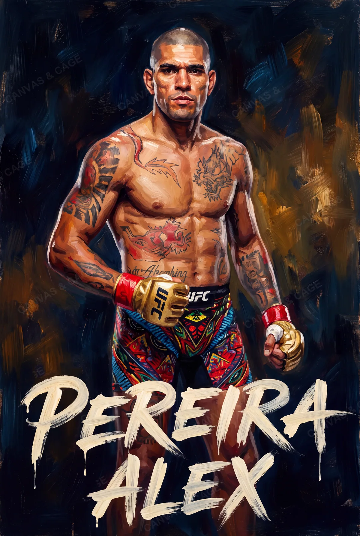 Alex Pereira — Gold gloves down, standing in the patterned shorts