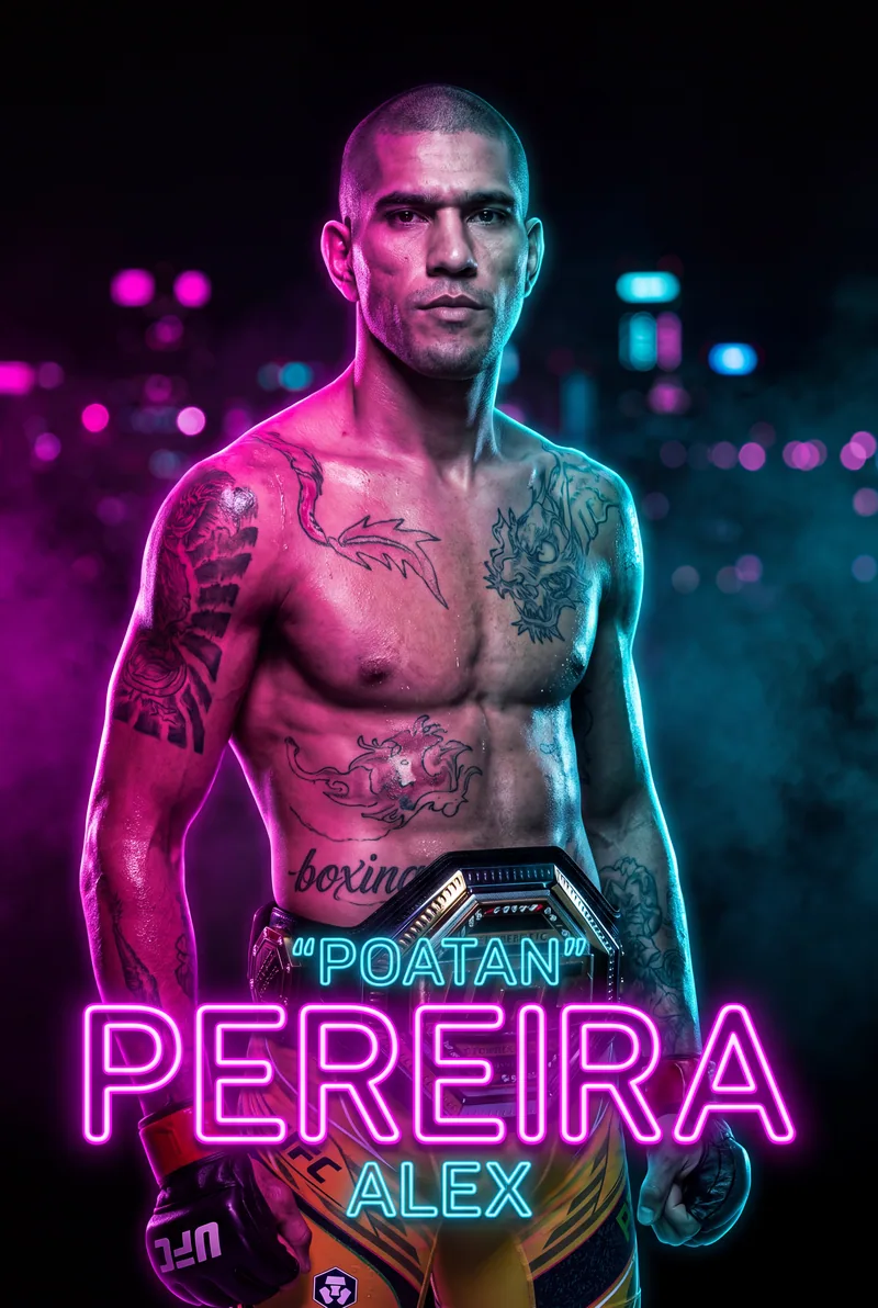 Alex Pereira — Standing in the neon, dragon ink lit magenta and cyan