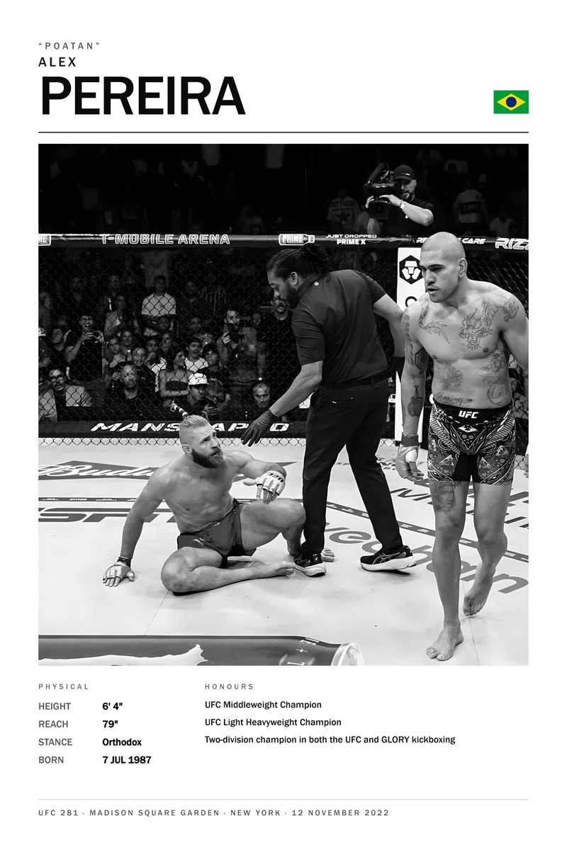 Alex Pereira — Standing clear as the referee steps in over the downed man