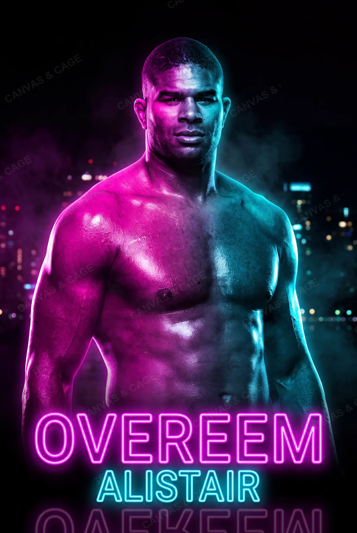 Alistair Overeem — Squared to camera under the neon, city lights behind