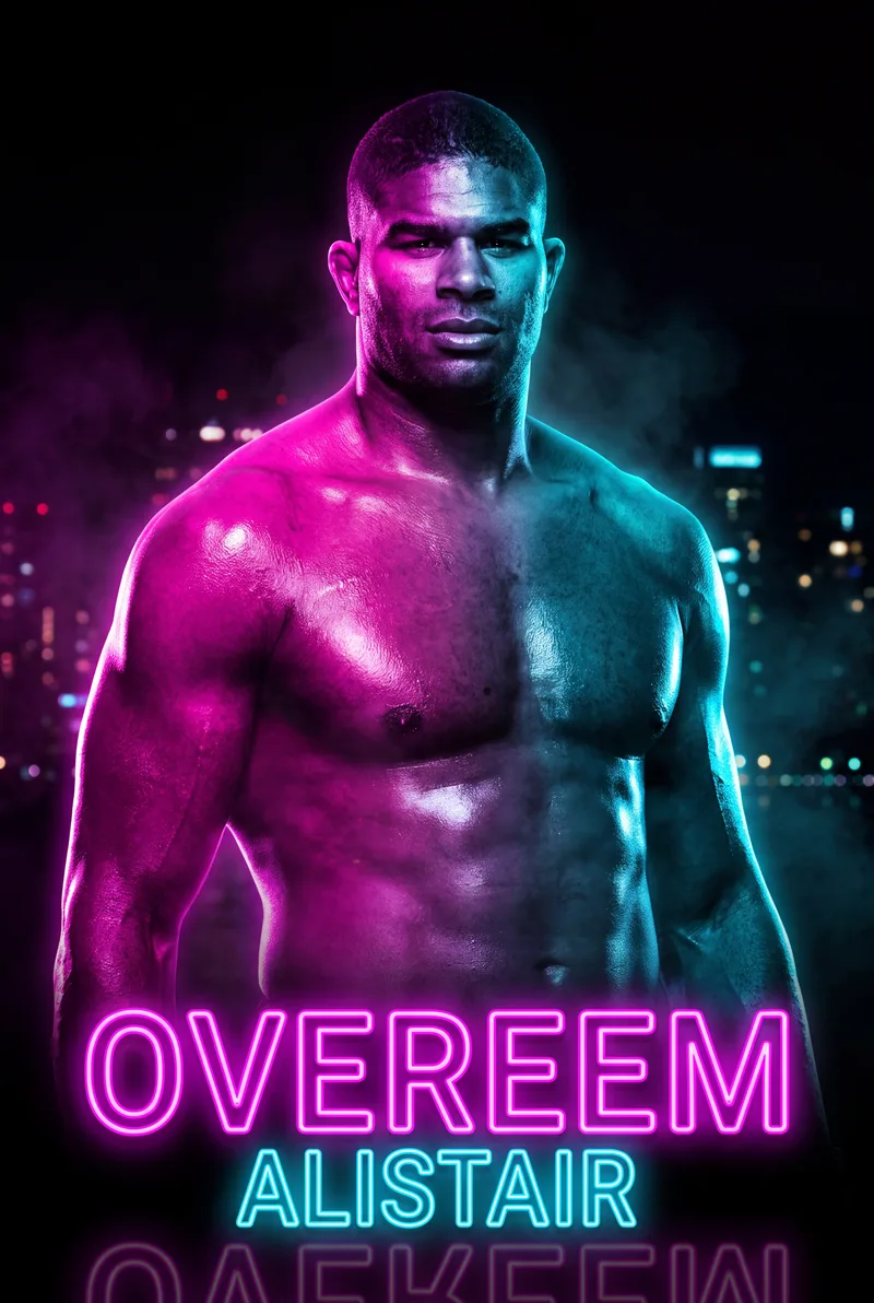 Alistair Overeem — Squared to camera under the neon, city lights behind