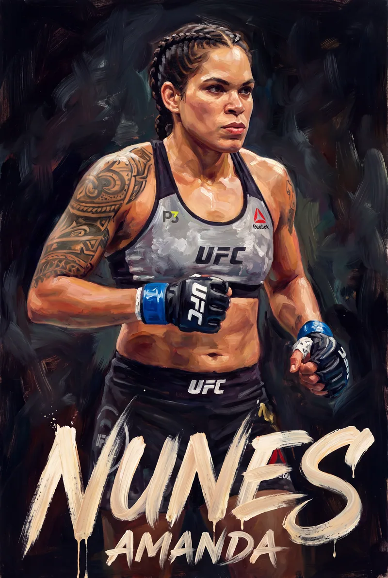 Amanda Nunes — Jaw set, gloves clenched low, braids tight