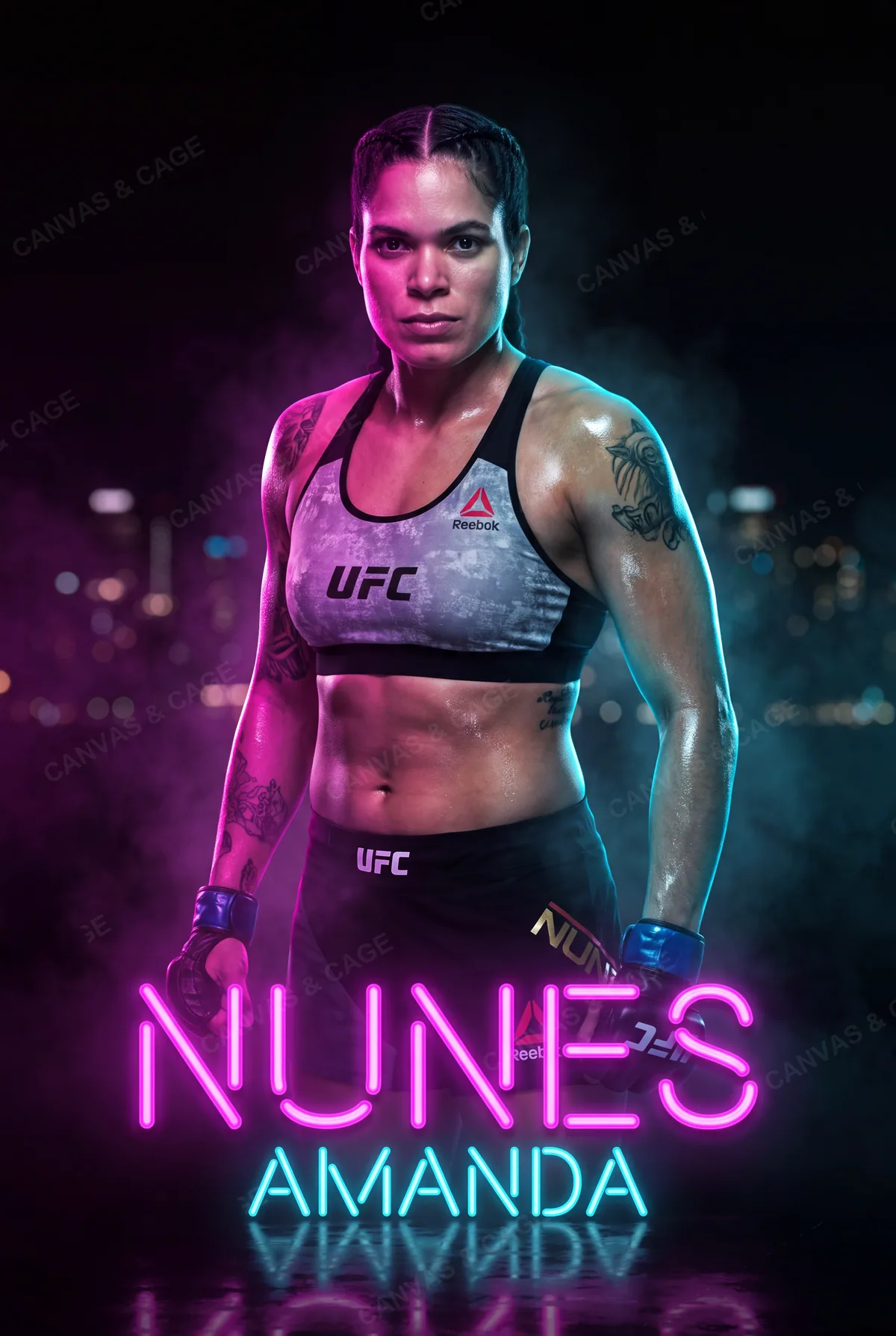 Amanda Nunes — Hands down, chin level, lit in magenta and cyan