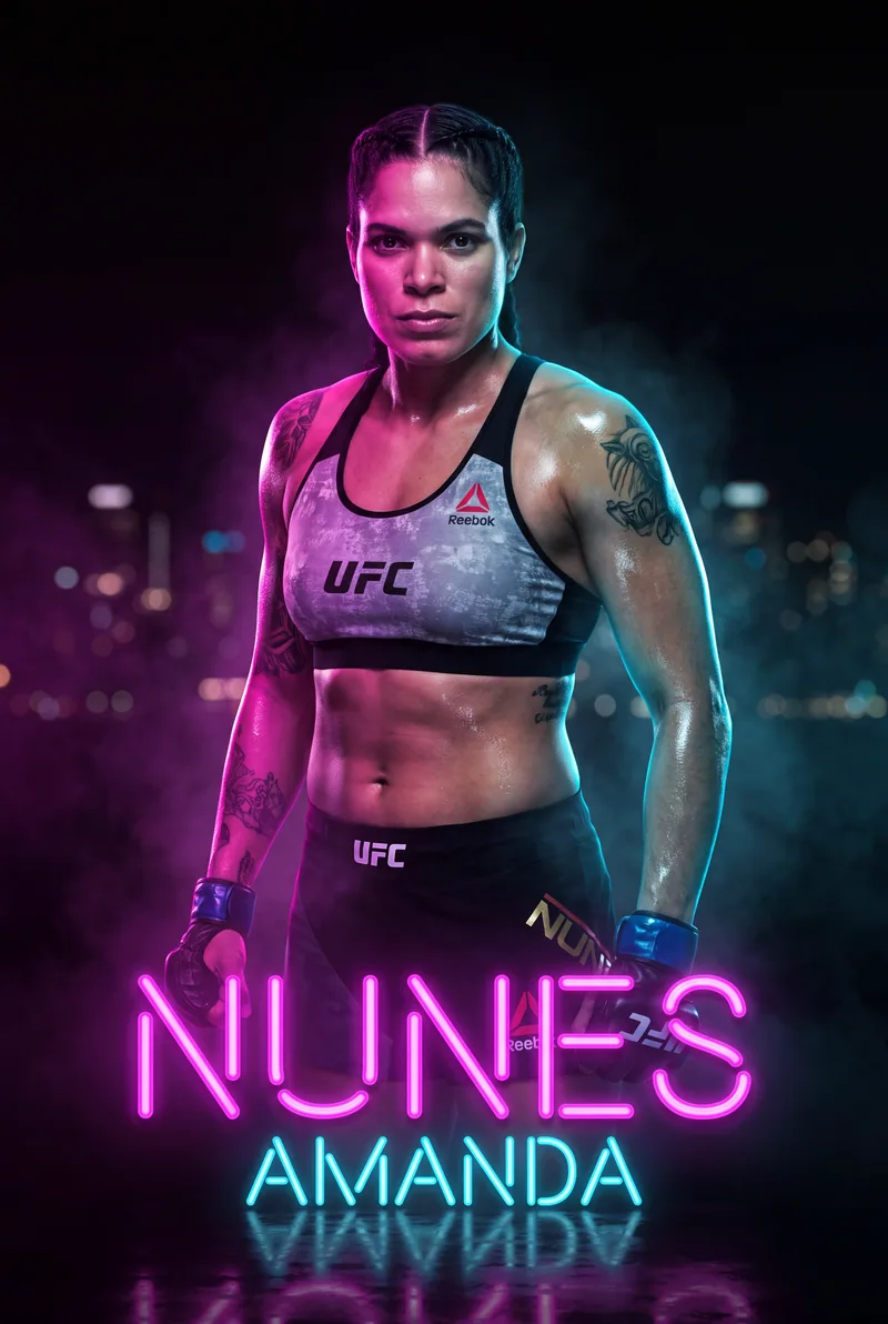 Amanda Nunes — Hands down, chin level, lit in magenta and cyan