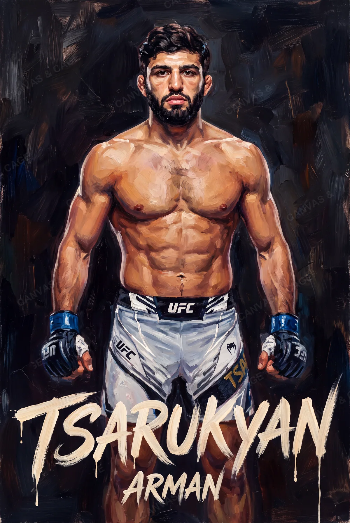 Arman Tsarukyan — Painted square to the camera, fists closed, white shorts
