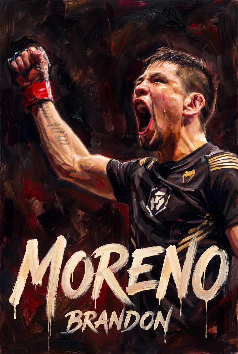 Brandon Moreno — Painted mid-roar, fist raised, red wrap on the wrist