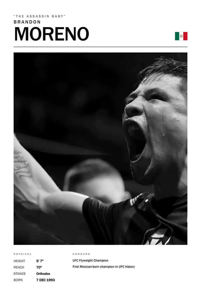 Brandon Moreno — Roaring with the arm up, sweat coming off his face