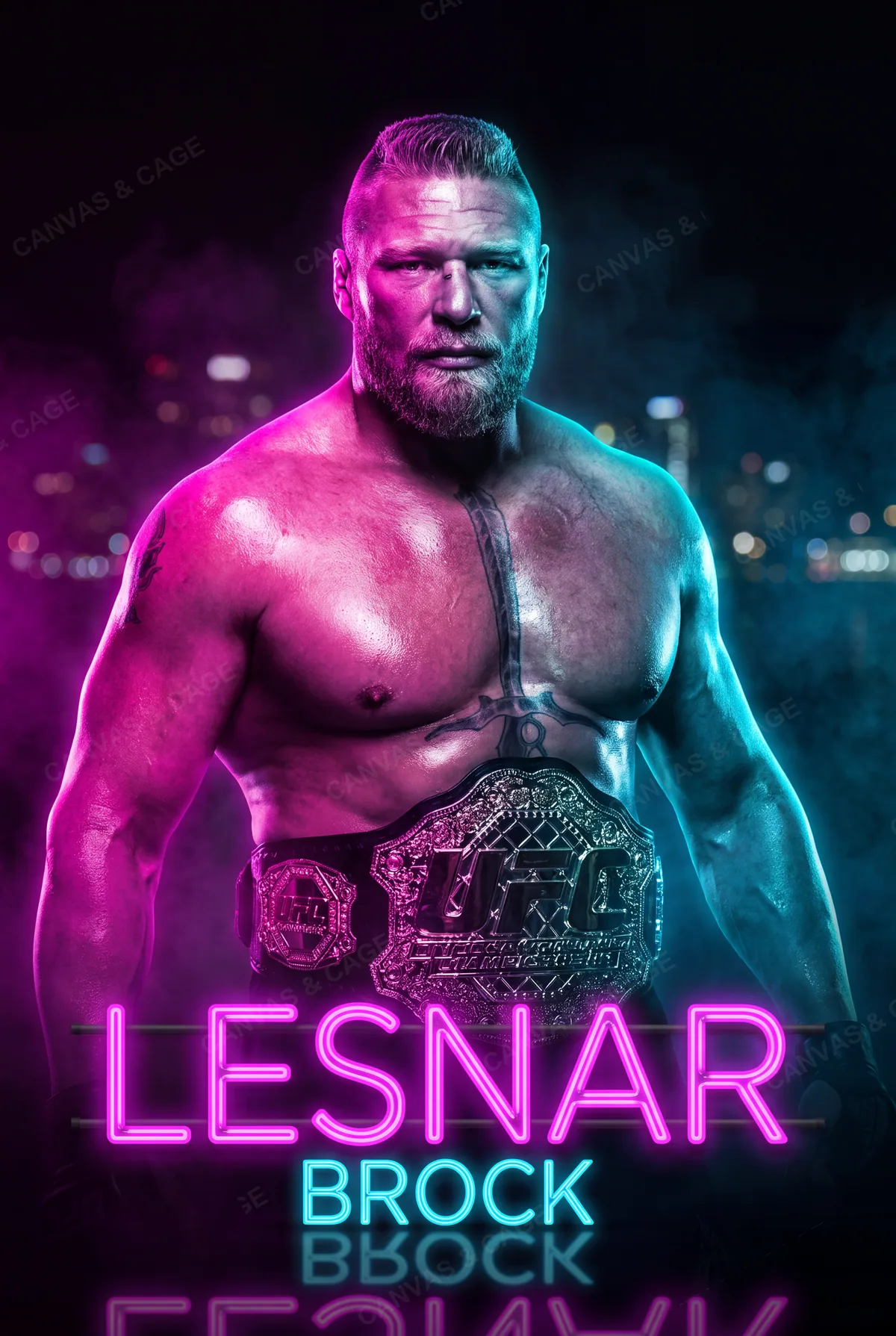 Brock Lesnar — That heavyweight frame squared up, lit magenta and cyan