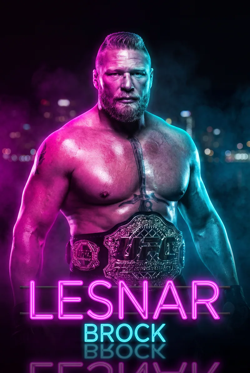 Brock Lesnar — That heavyweight frame squared up, lit magenta and cyan