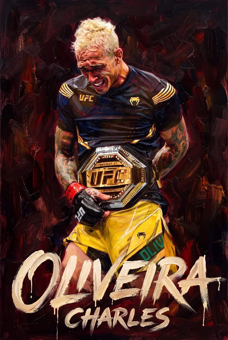 Charles Oliveira — The belt at his waist, head down, eyes shut
