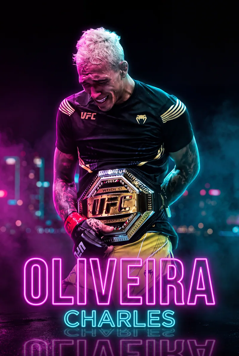 Charles Oliveira — Belt round the waist under neon, eyes shut, overcome