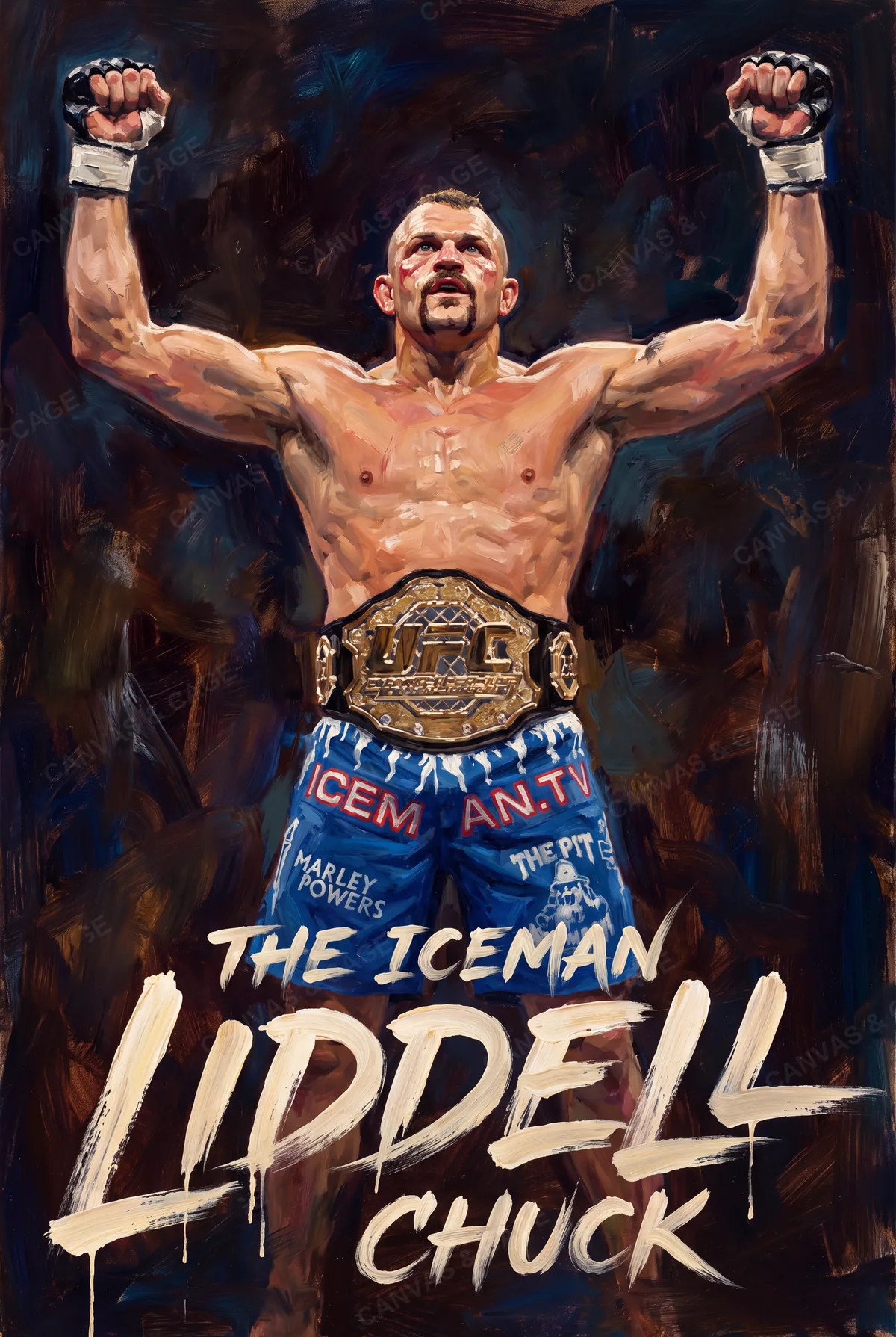 Chuck Liddell — Arms thrown wide, roaring, the ICEMAN.TV trunks