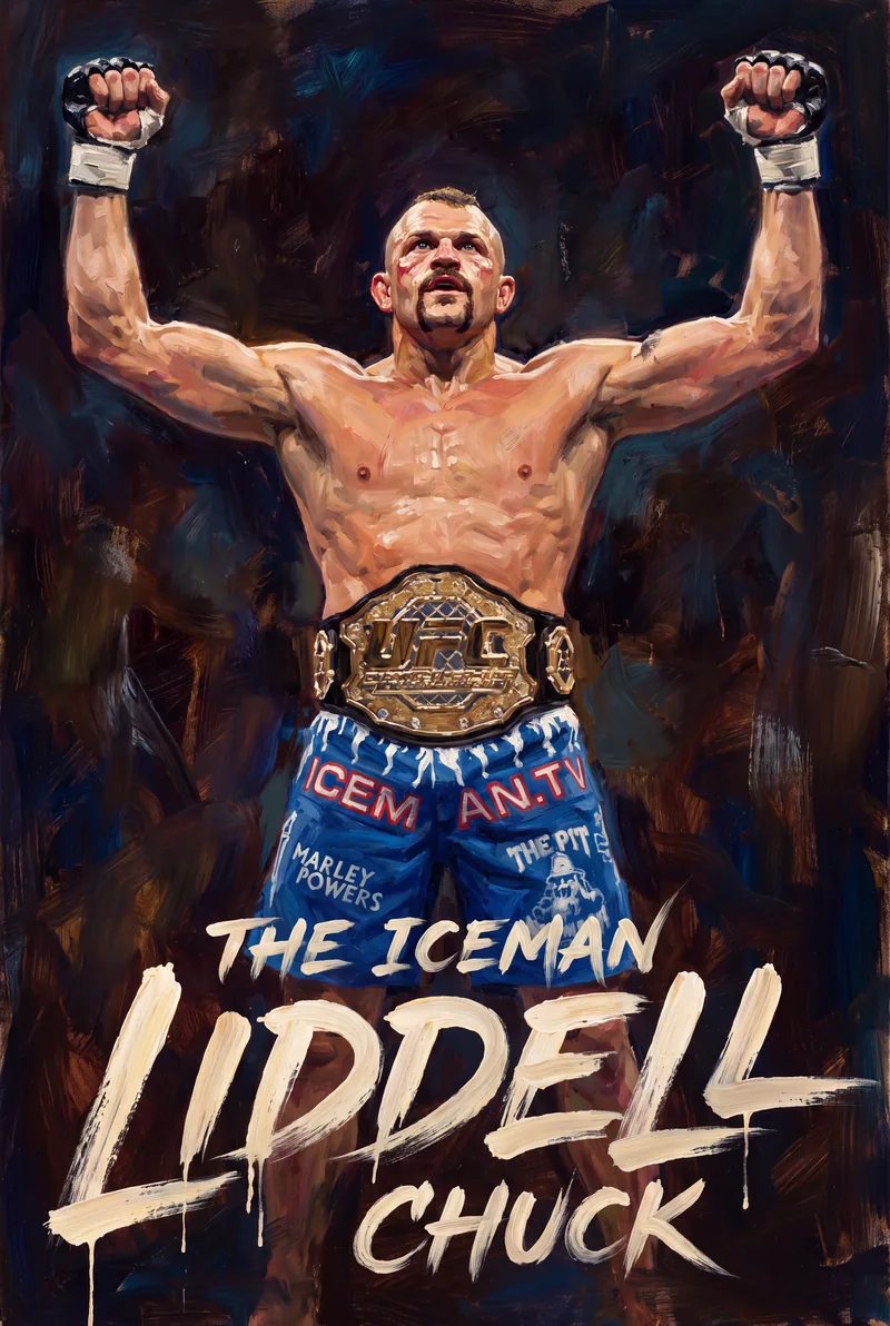 Chuck Liddell — Arms thrown wide, roaring, the ICEMAN.TV trunks