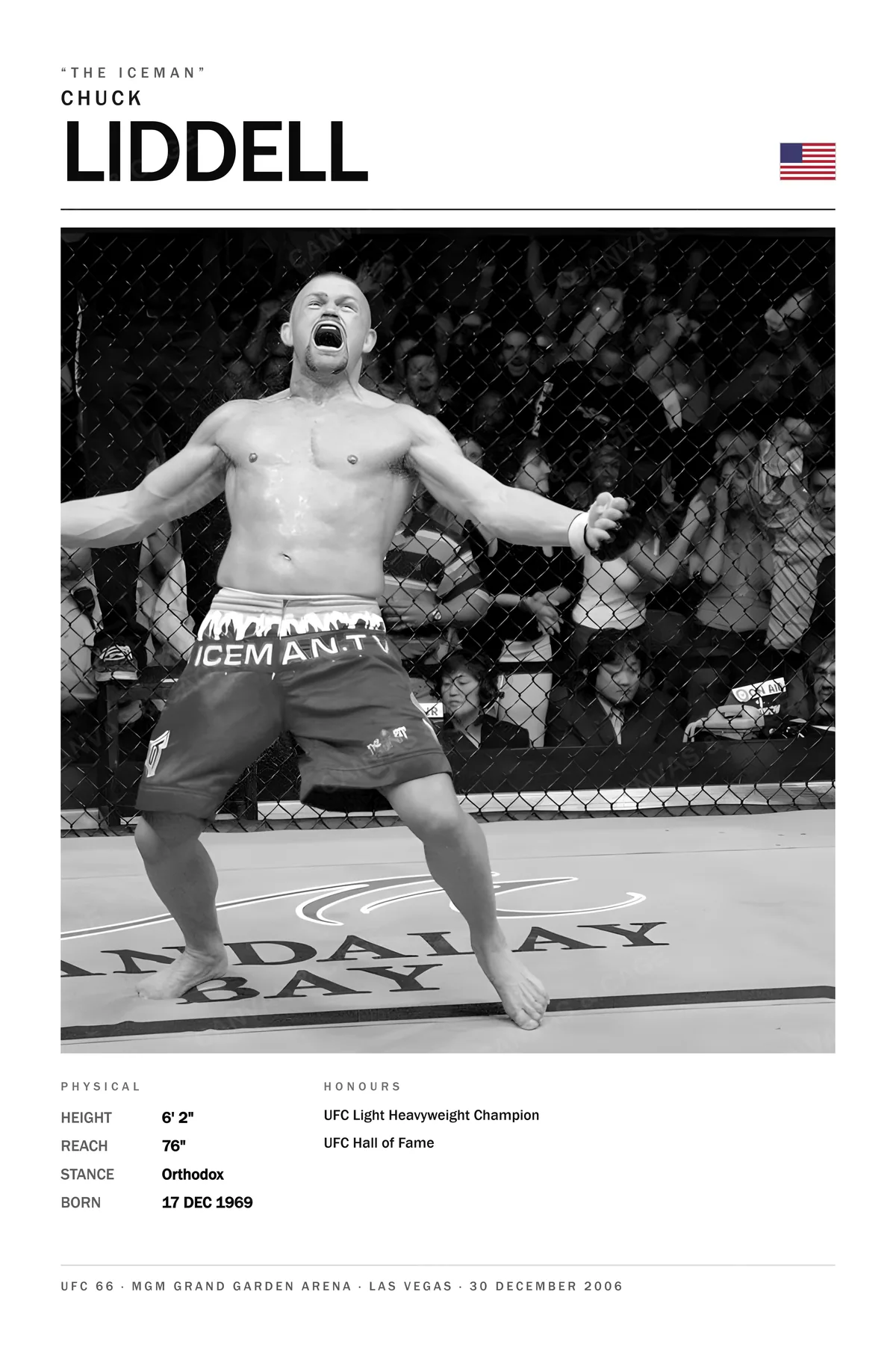 Chuck Liddell — Arms flung wide, mid-roar inside the cage