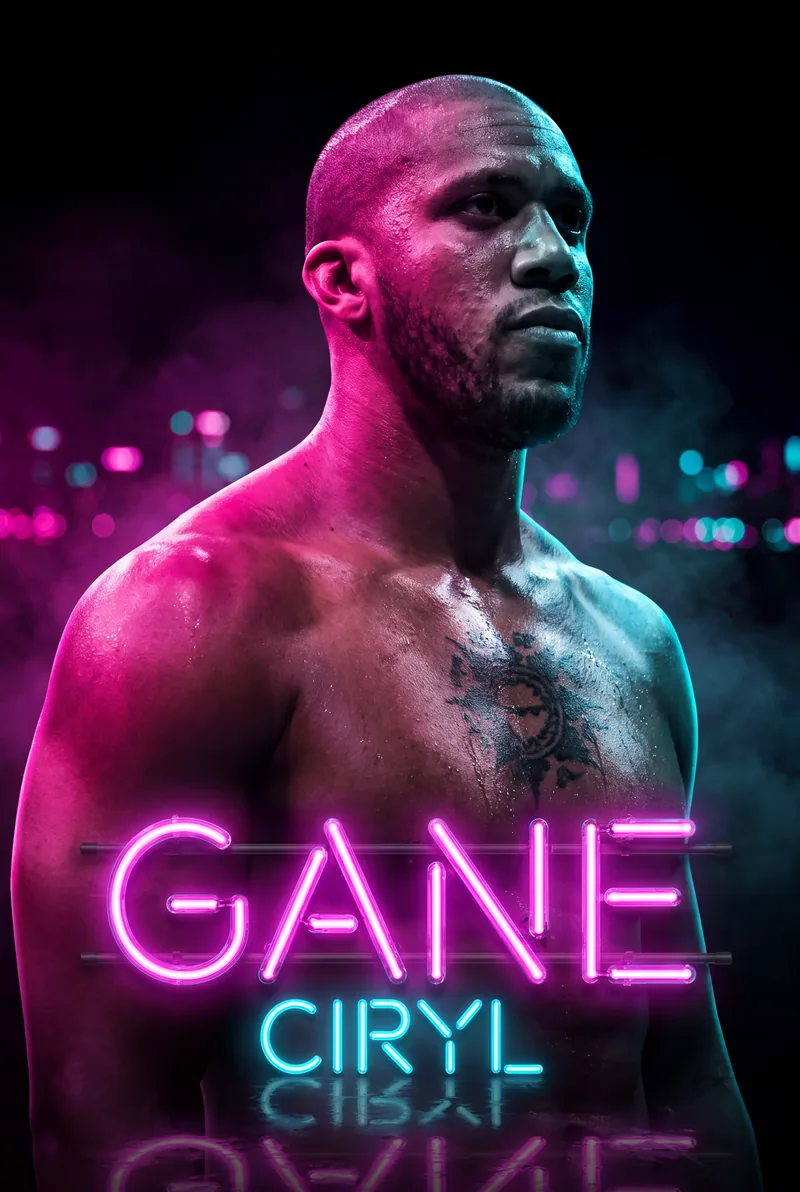 Ciryl Gane — Half-lit in neon, jaw set, looking off past the lens