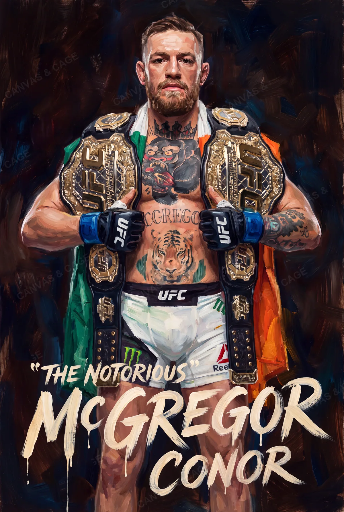 Conor McGregor — Both belts up on the shoulders, the tricolour behind him