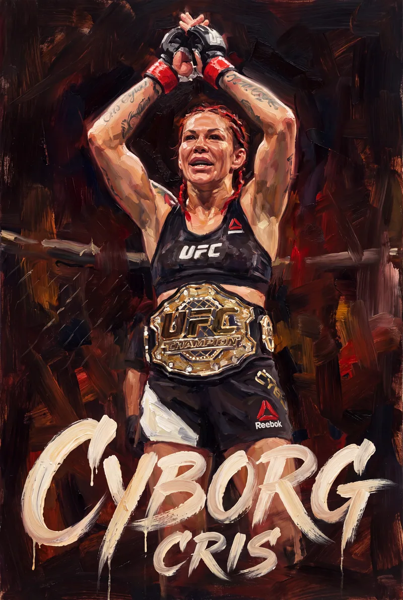 Cris Cyborg — Arms thrown wide, mouth open, roaring