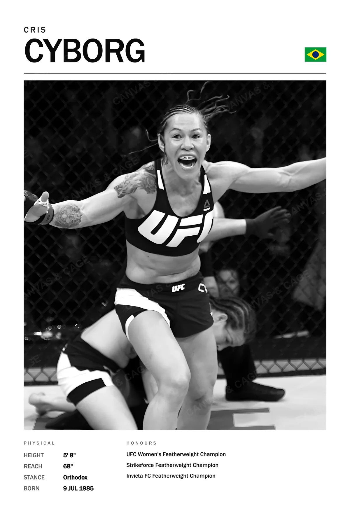 Cris Cyborg — Arms flung wide, screaming, the opponent down behind her