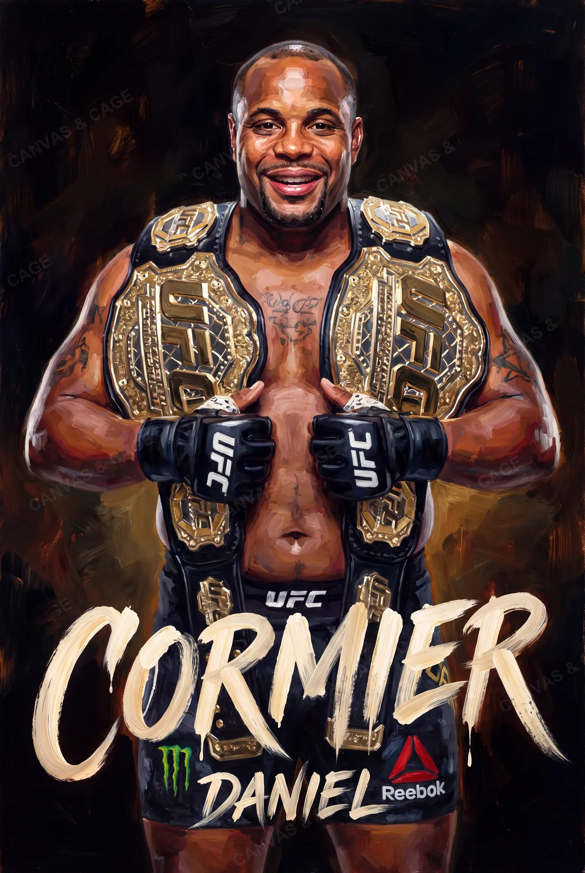 Daniel Cormier — Both belts over the shoulders, grinning wide