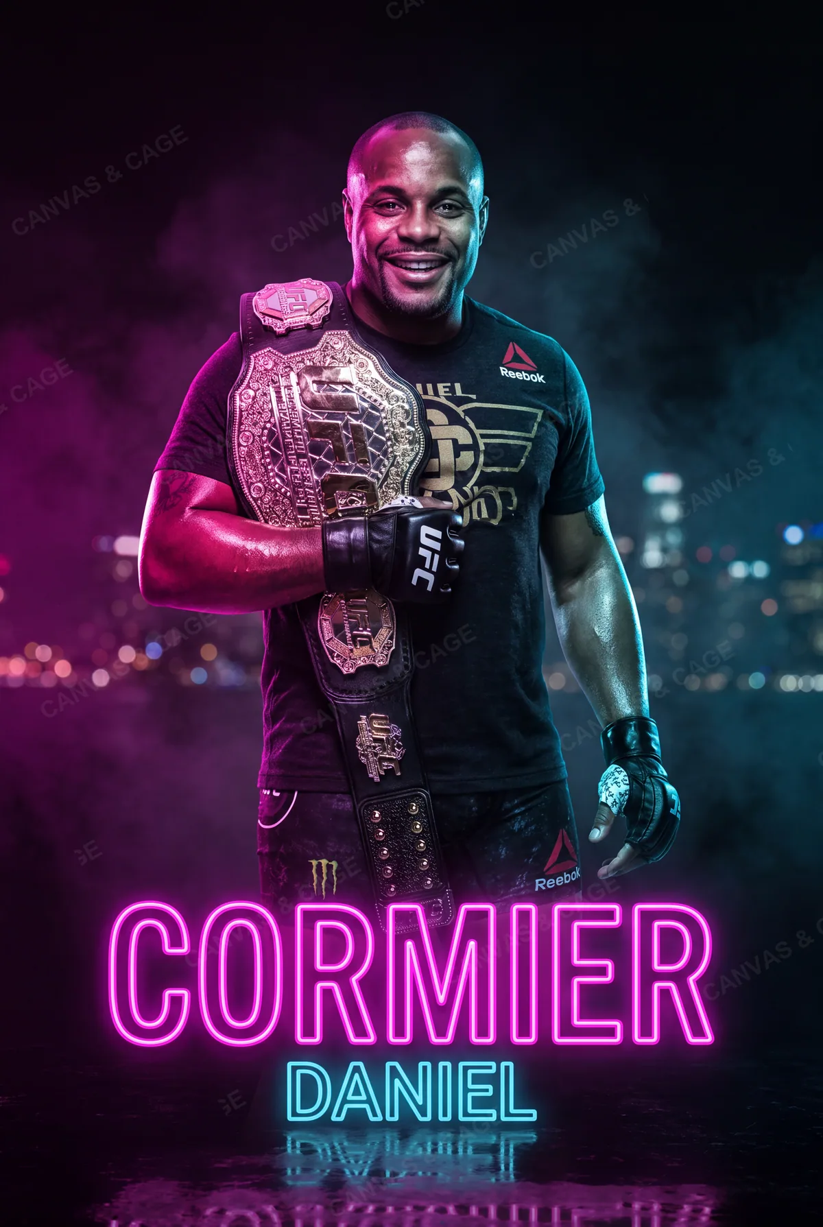 Daniel Cormier — One belt over the shoulder, grinning in the neon