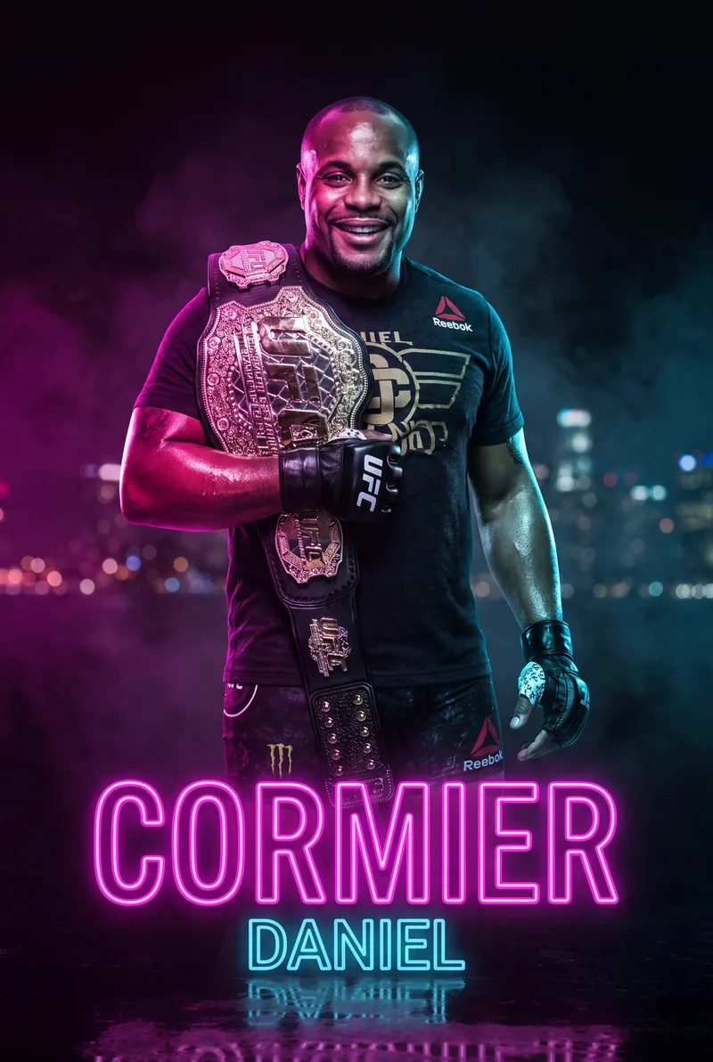 Daniel Cormier — One belt over the shoulder, grinning in the neon