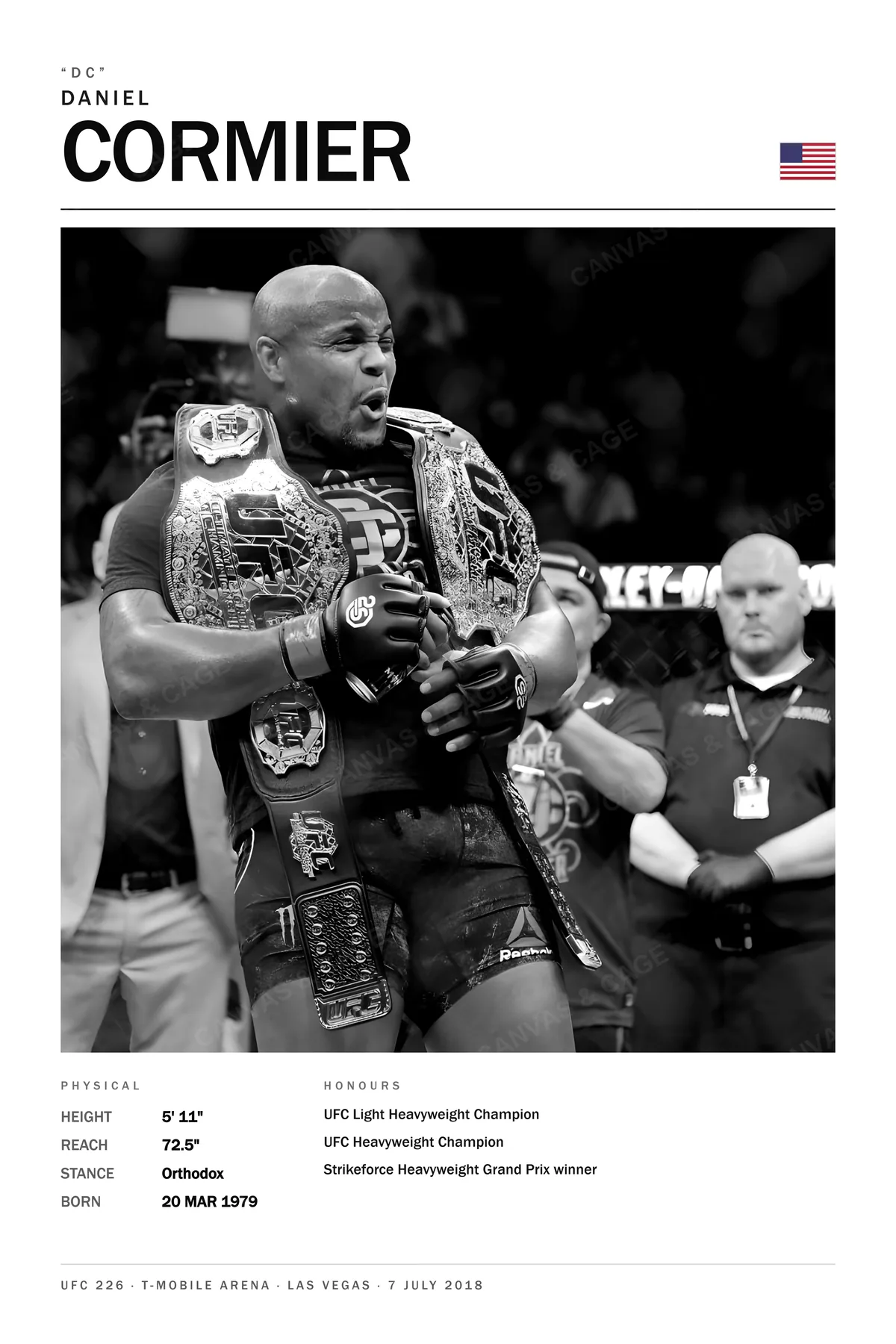Daniel Cormier — Both belts on his shoulders, roaring in the cage, UFC 226