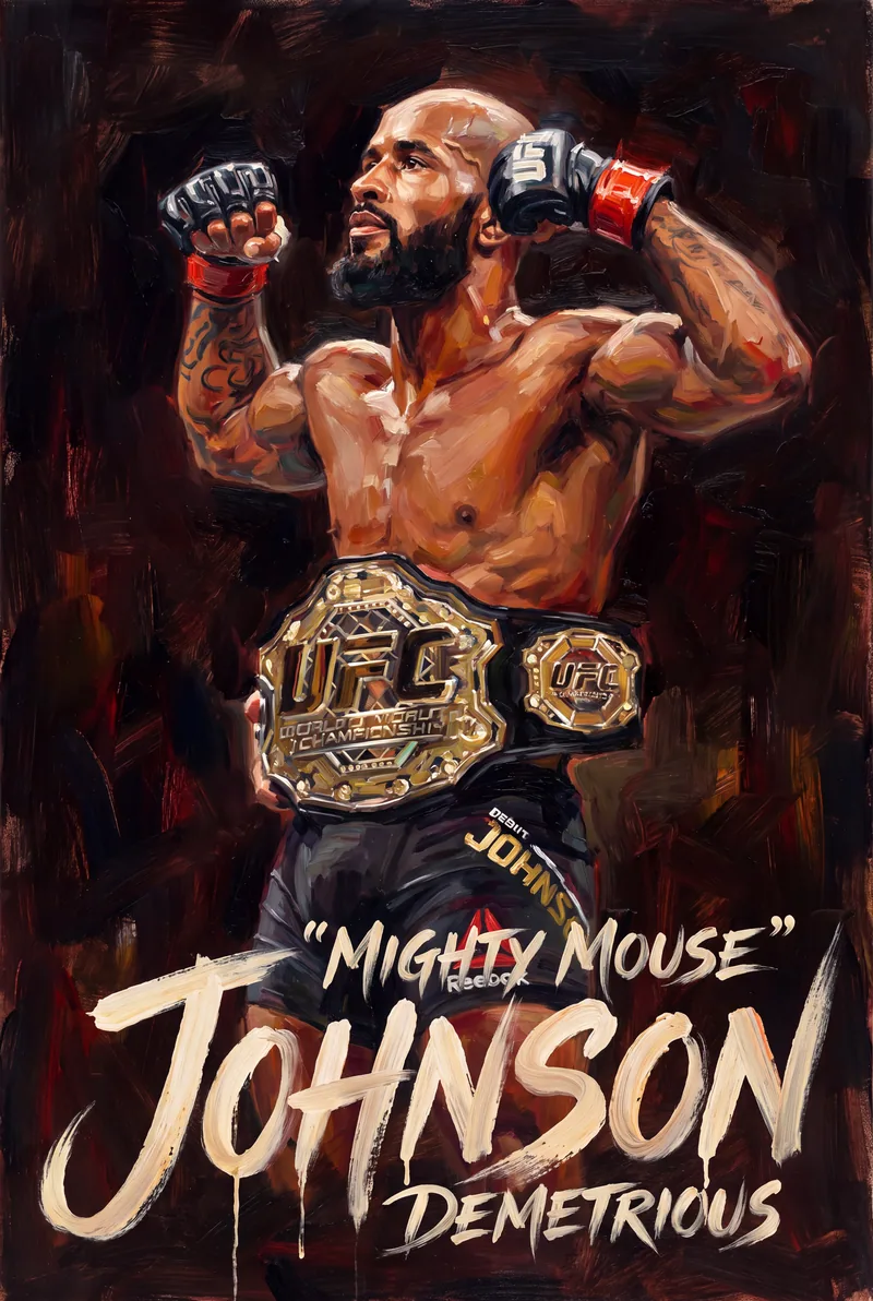 Demetrious Johnson — Both fists up, the flyweight belt around his waist