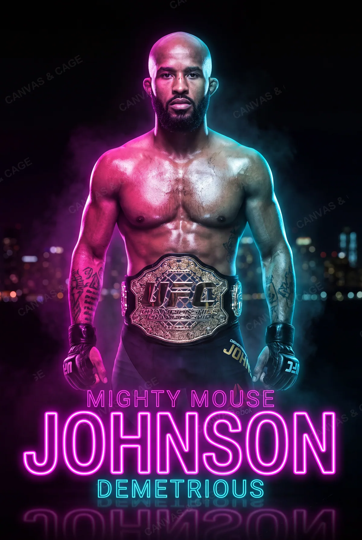 Demetrious Johnson — Standing in the neon, the flyweight belt at his waist