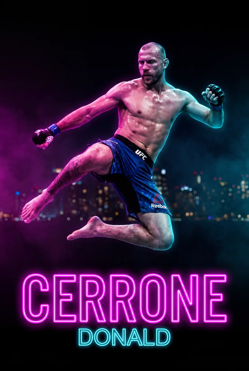 Donald Cerrone — Airborne with the lead leg extended, city lights behind