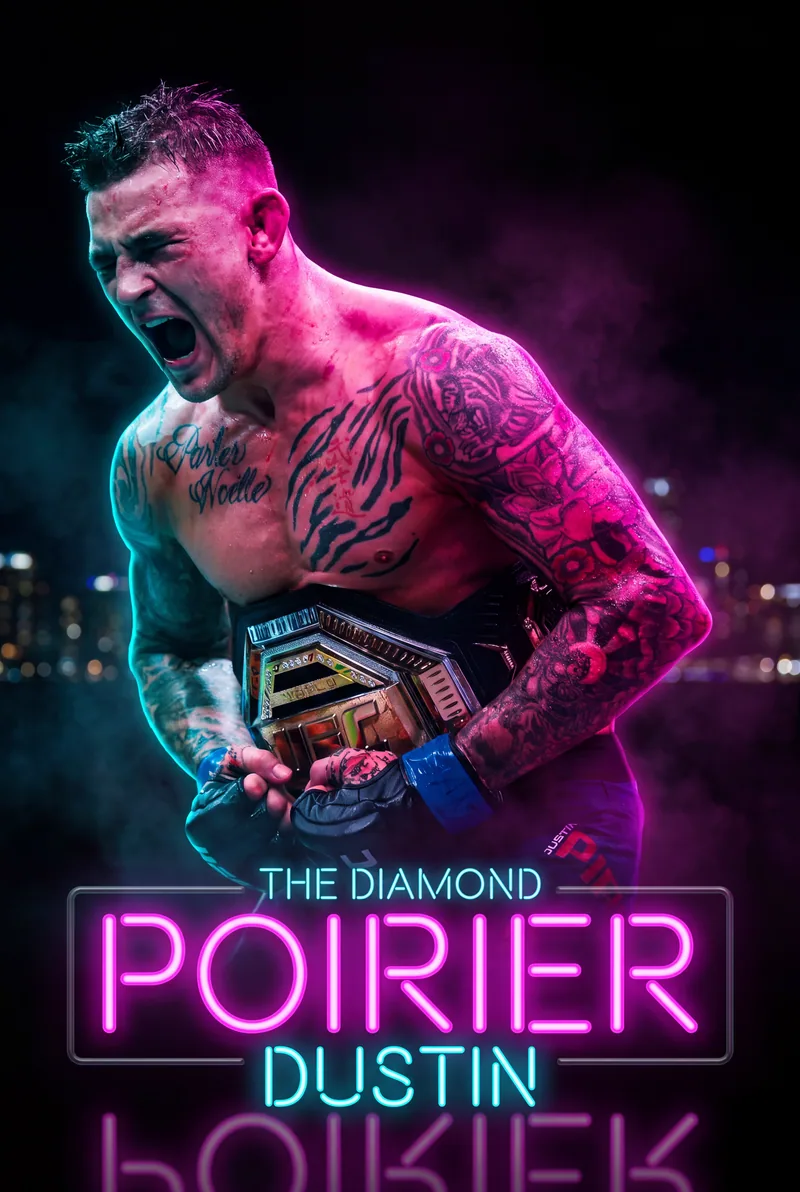 Dustin Poirier — Gloves on, squared to the camera, city lights behind