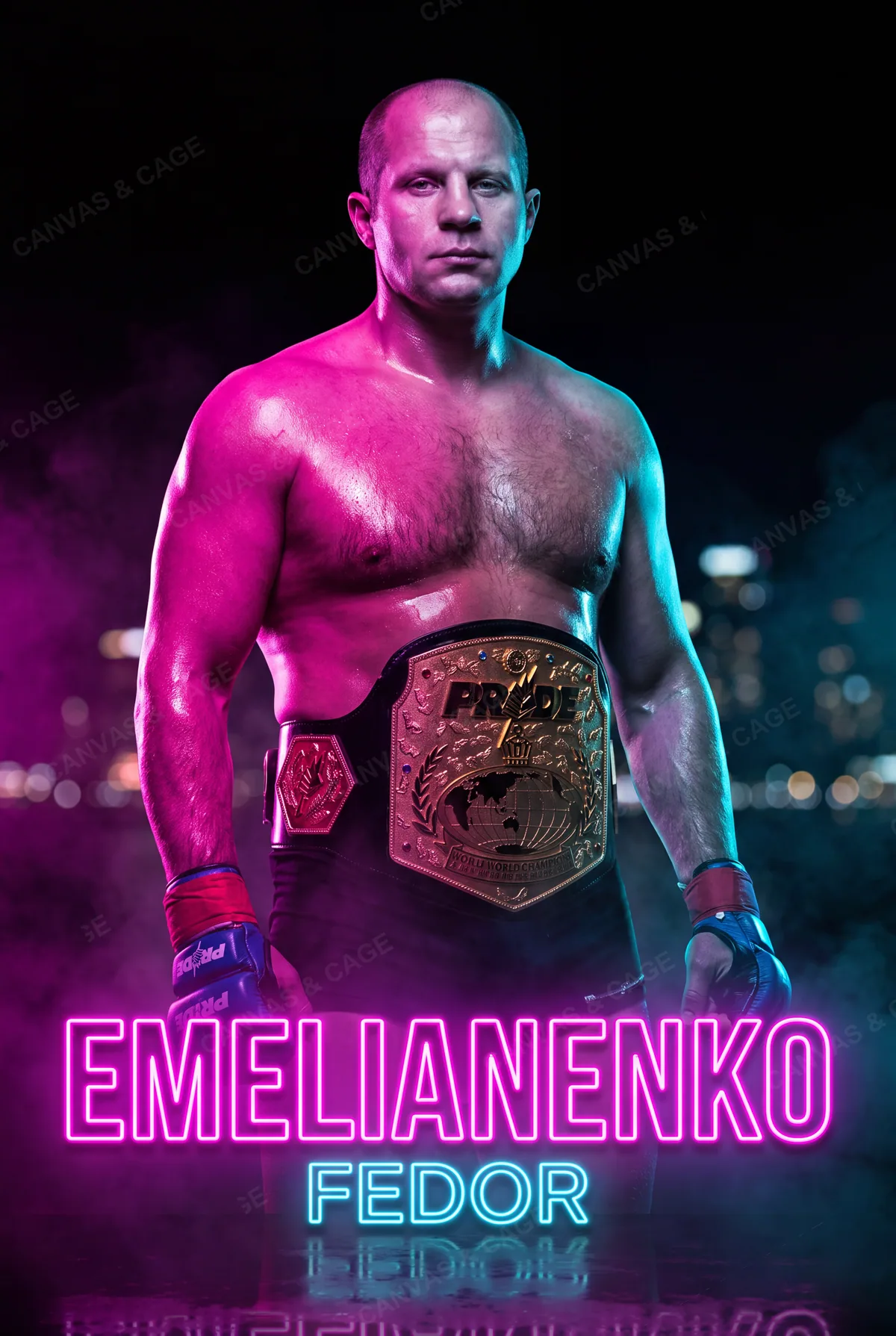 Fedor Emelianenko — The PRIDE belt at his waist, still-faced in neon