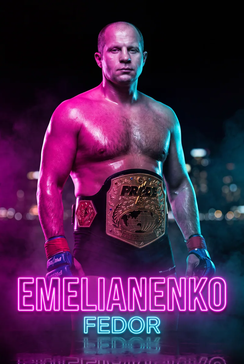 Fedor Emelianenko — The PRIDE belt at his waist, still-faced in neon