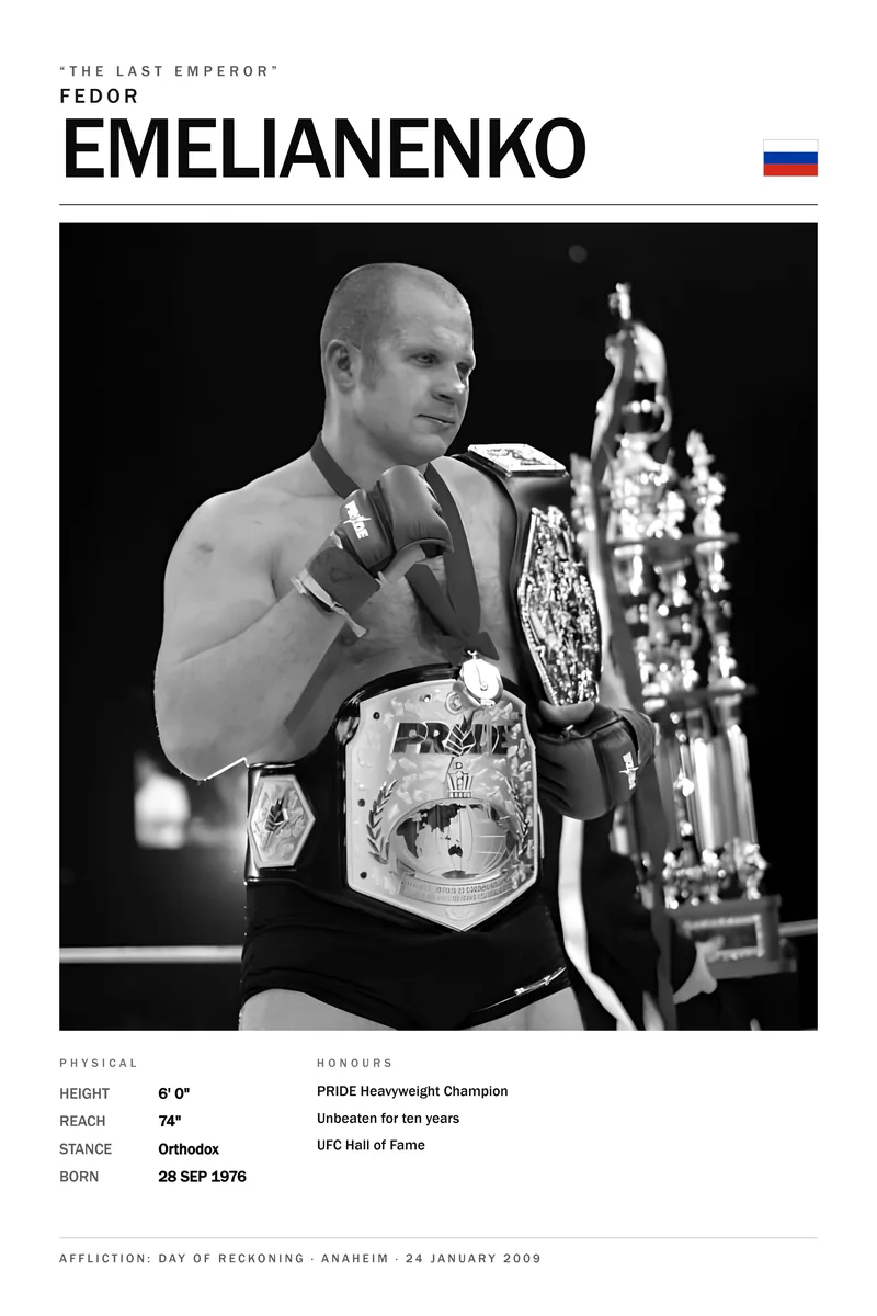 Fedor Emelianenko — PRIDE gold at the waist, trophies stacked beside him
