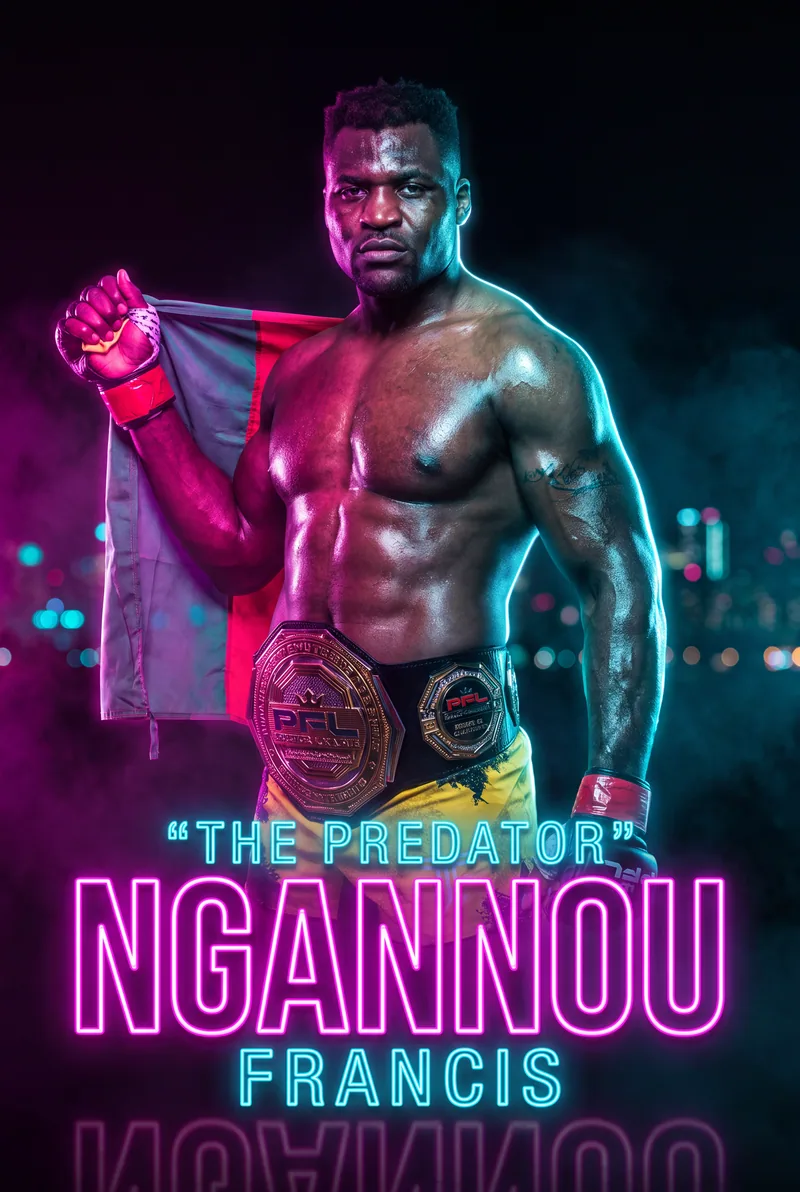 Francis Ngannou — Both gloves up at the chest, eyes level