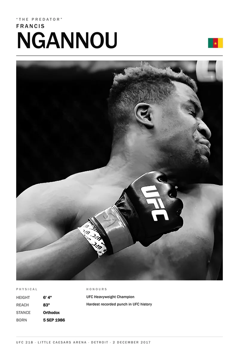 Francis Ngannou — His own fist raised beside his chin, UFC 218