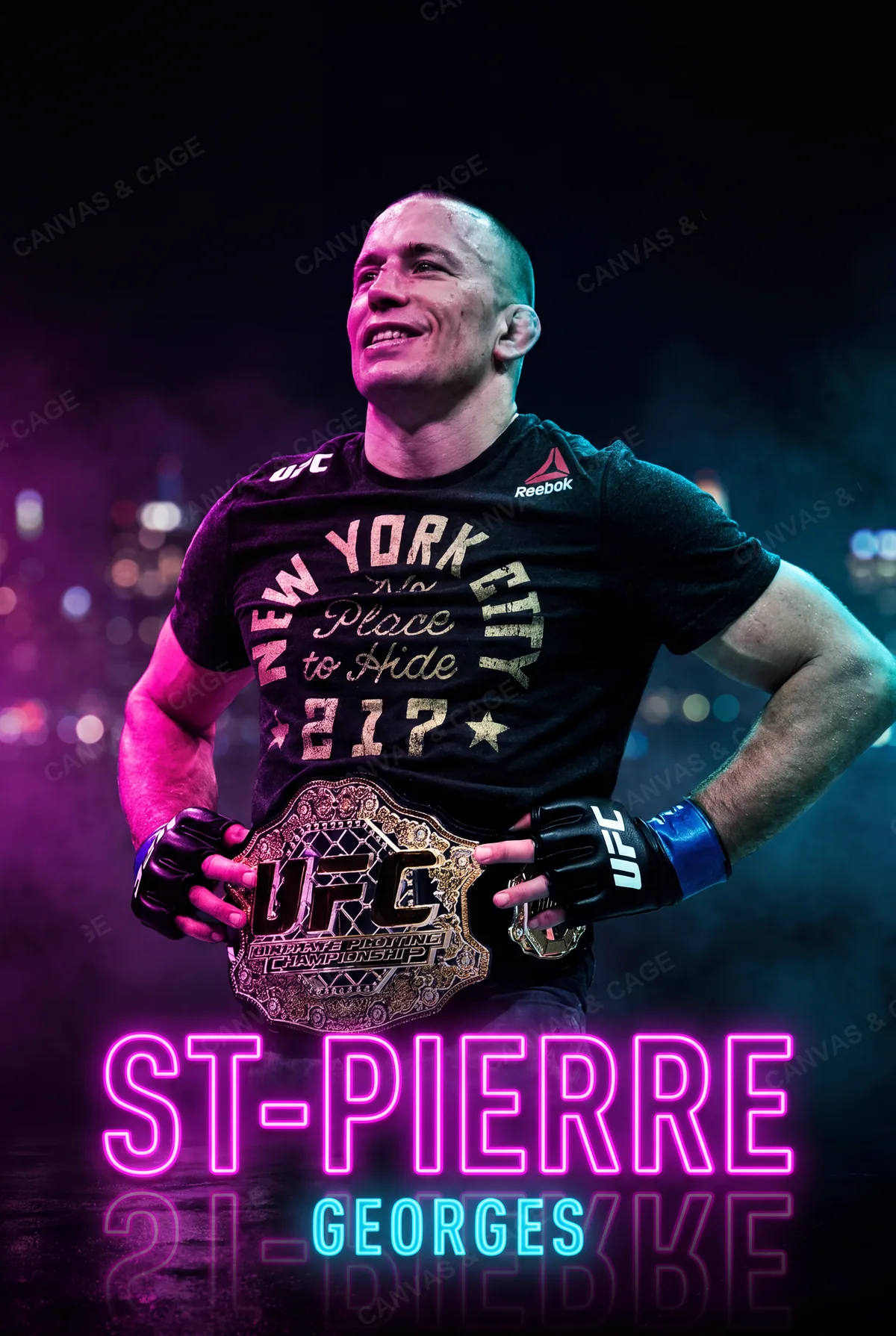Georges St-Pierre — Belt up at the waist, looking off into the lights