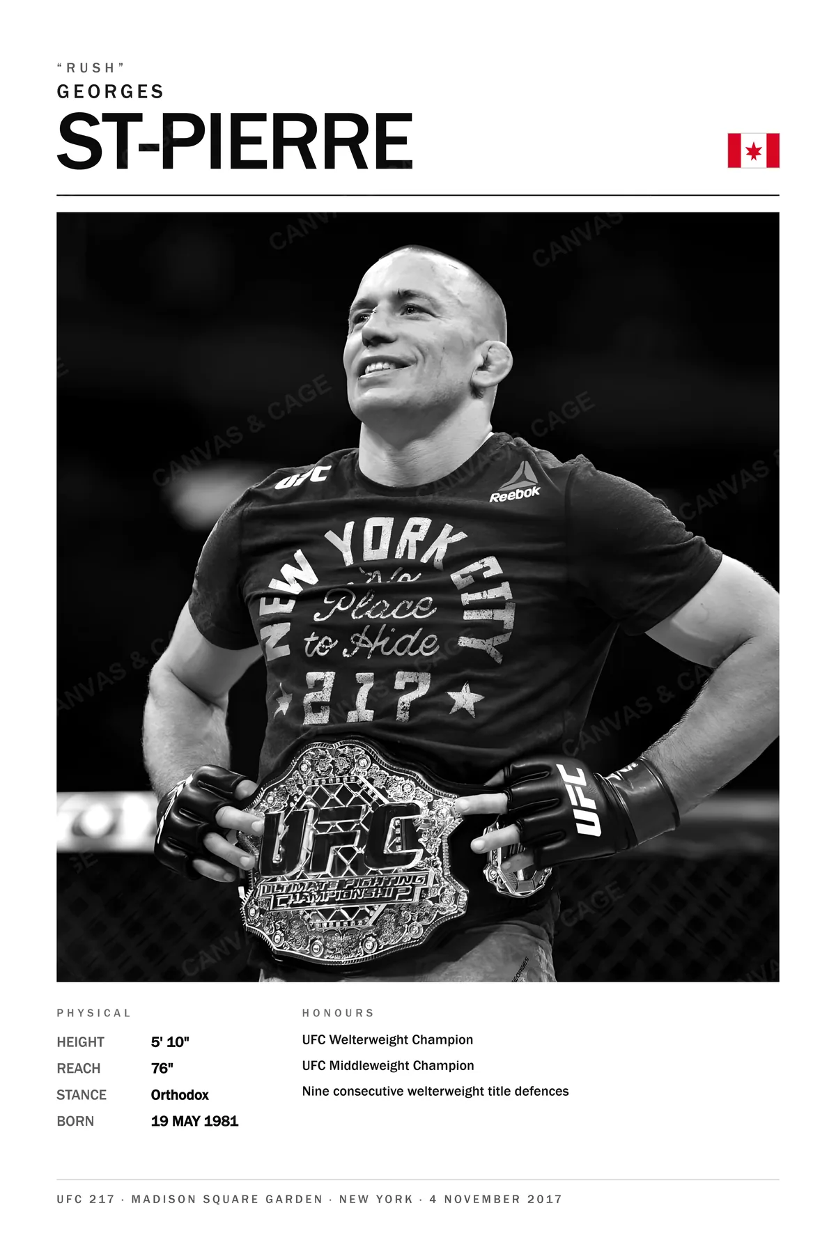 Georges St-Pierre — The belt at his waist in the New York cage, UFC 217