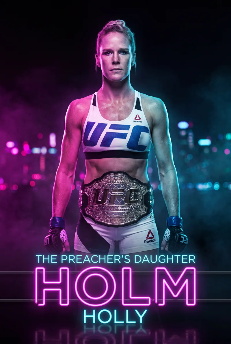 Holly Holm — Both arms up, belt on, lit magenta and cyan