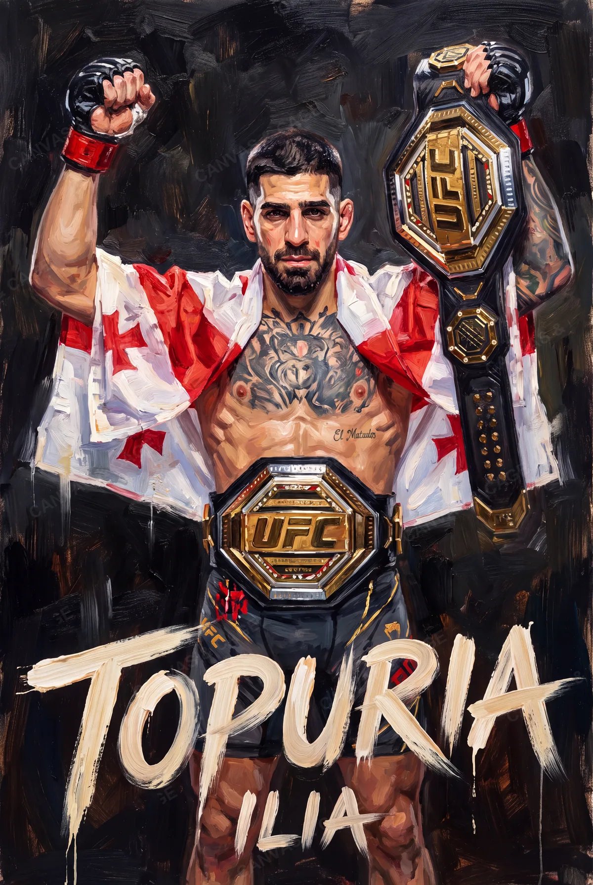 Ilia Topuria — One belt raised overhead, one at the waist, flag on his shoulders