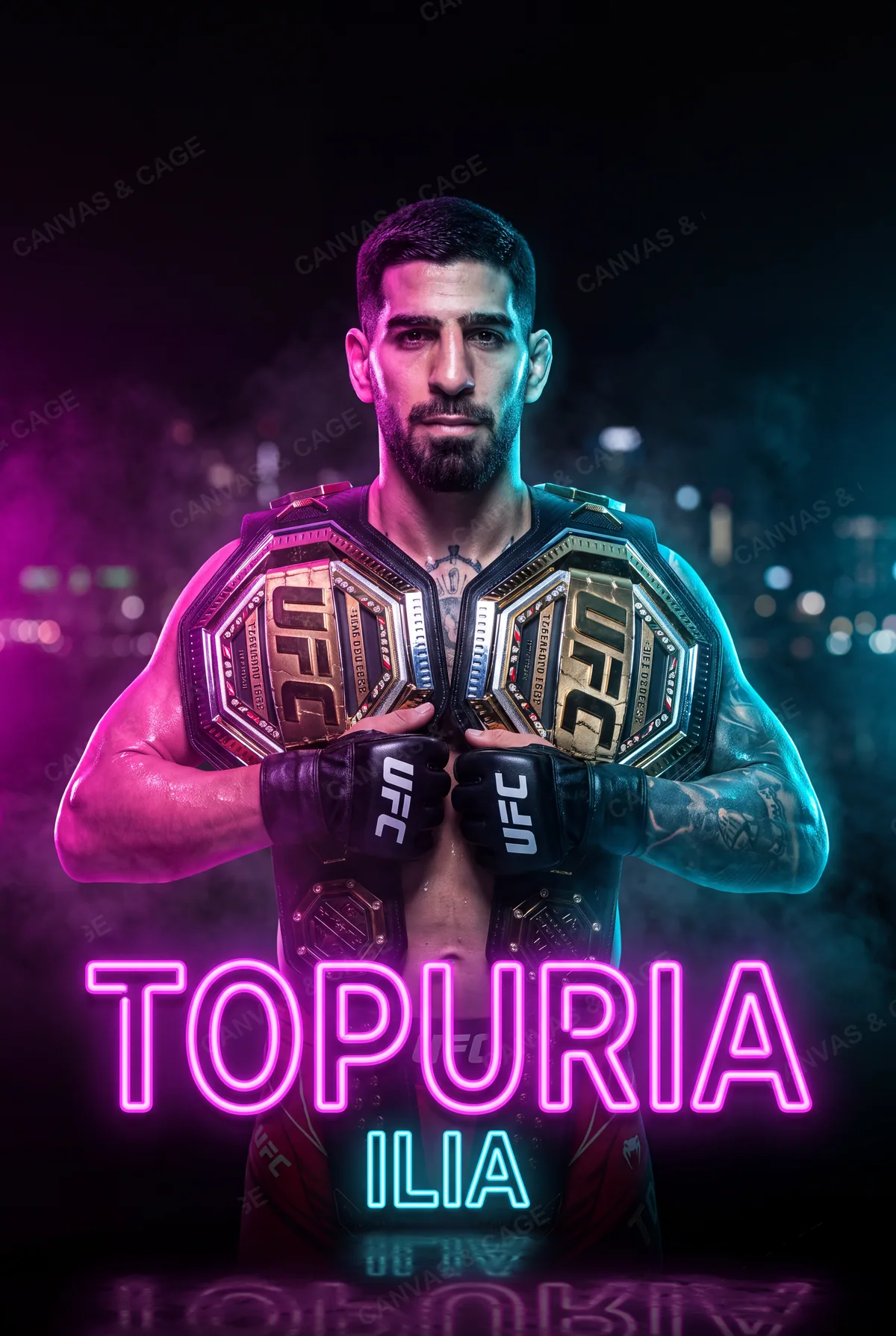 Ilia Topuria — Two belts across the chest, gloves crossed under the neon