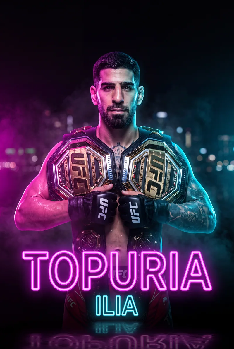 Ilia Topuria — Two belts across the chest, gloves crossed under the neon