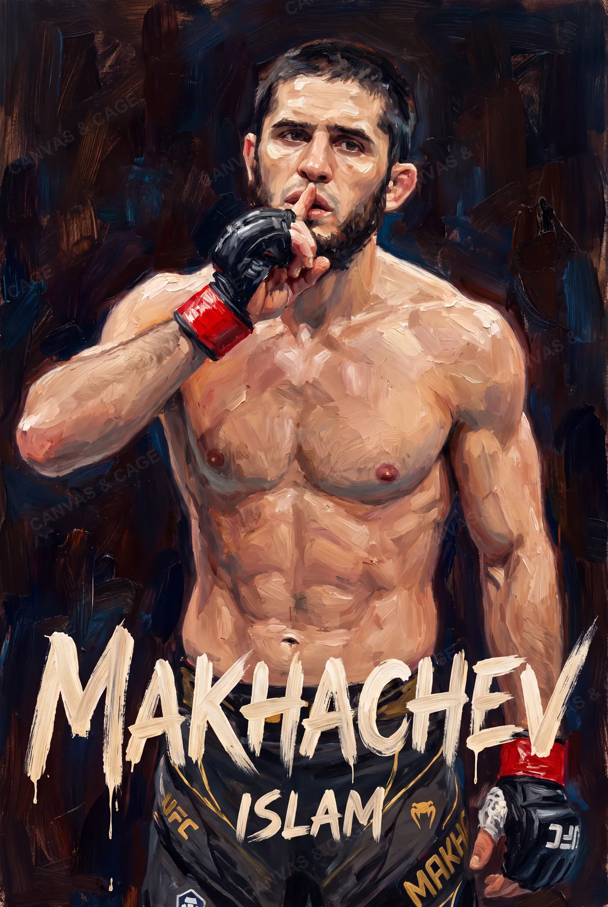 Islam Makhachev — The shush, finger to the lips, staring straight out