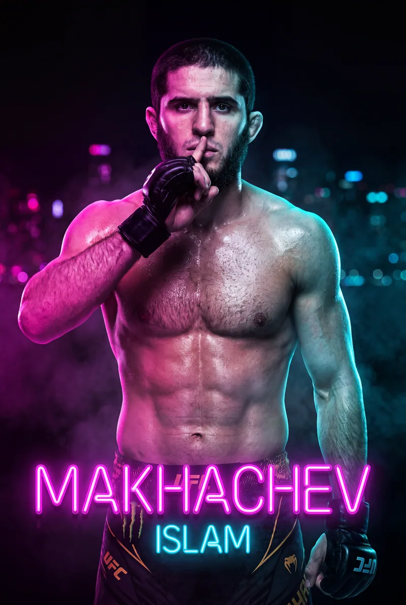 Islam Makhachev — The shush, finger to the lips, lit in neon