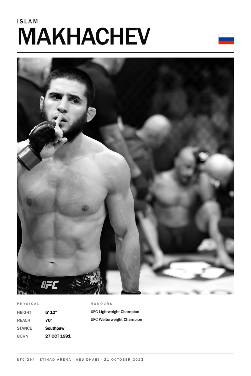Islam Makhachev — Finger to the lips, quieting the arena