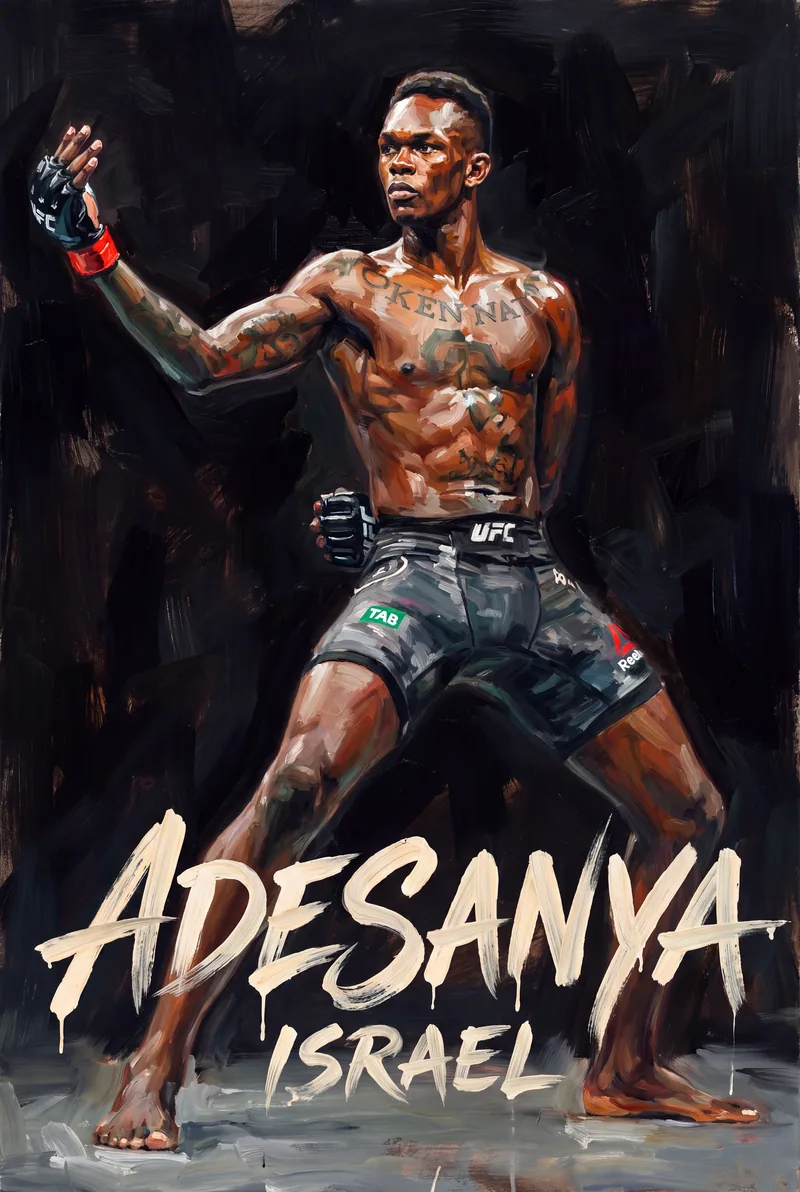 Israel Adesanya — Wide low stance, barefoot, lead hand open