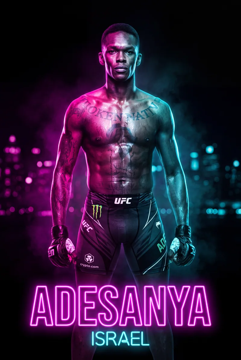 Israel Adesanya — Standing square in the neon, Broken Native on the chest