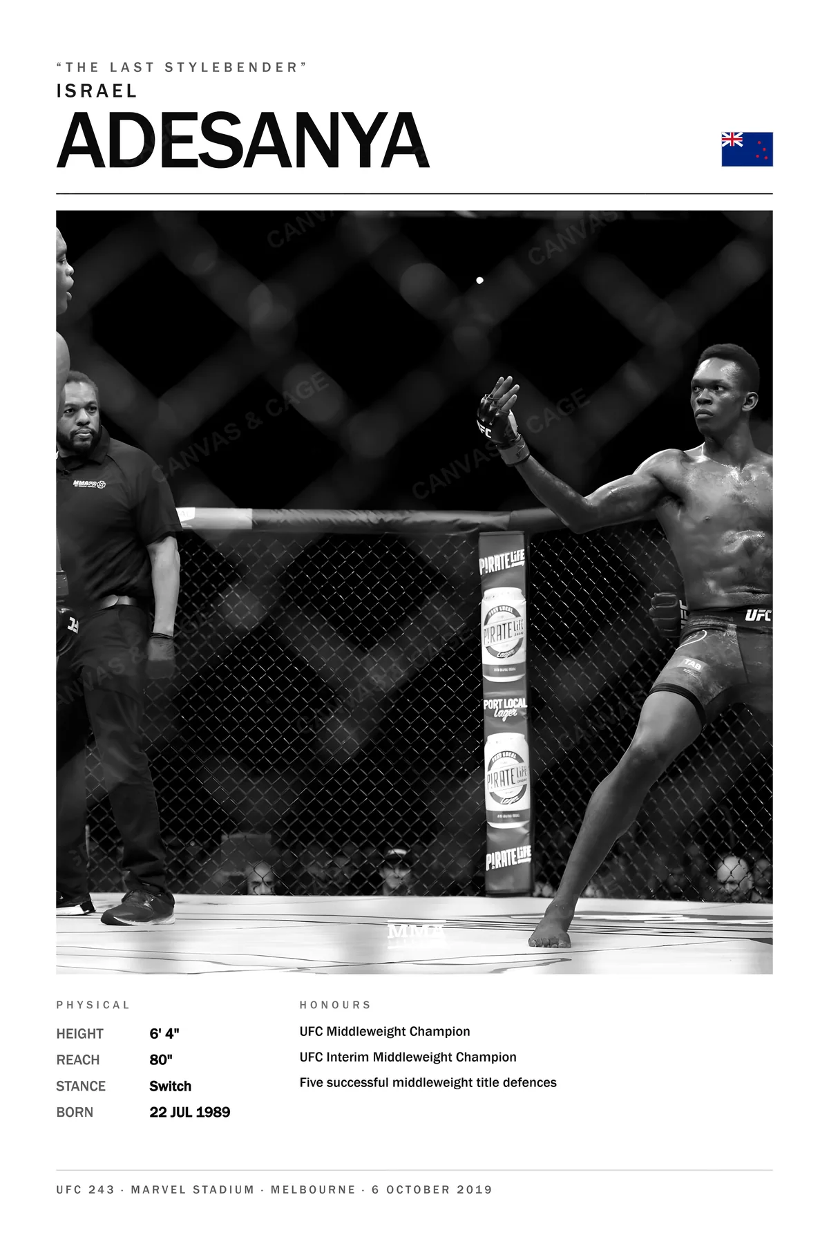 Israel Adesanya — Showboating mid-stride, lead glove open, UFC 243