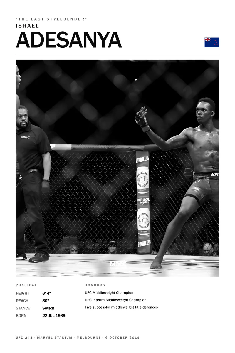 Israel Adesanya — Showboating mid-stride, lead glove open, UFC 243