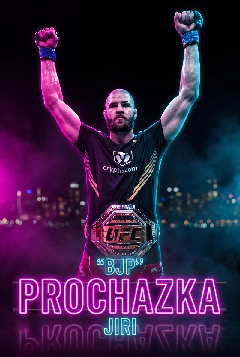Jiri Prochazka — Head bowed under the neon, gloves pressed, stance wide