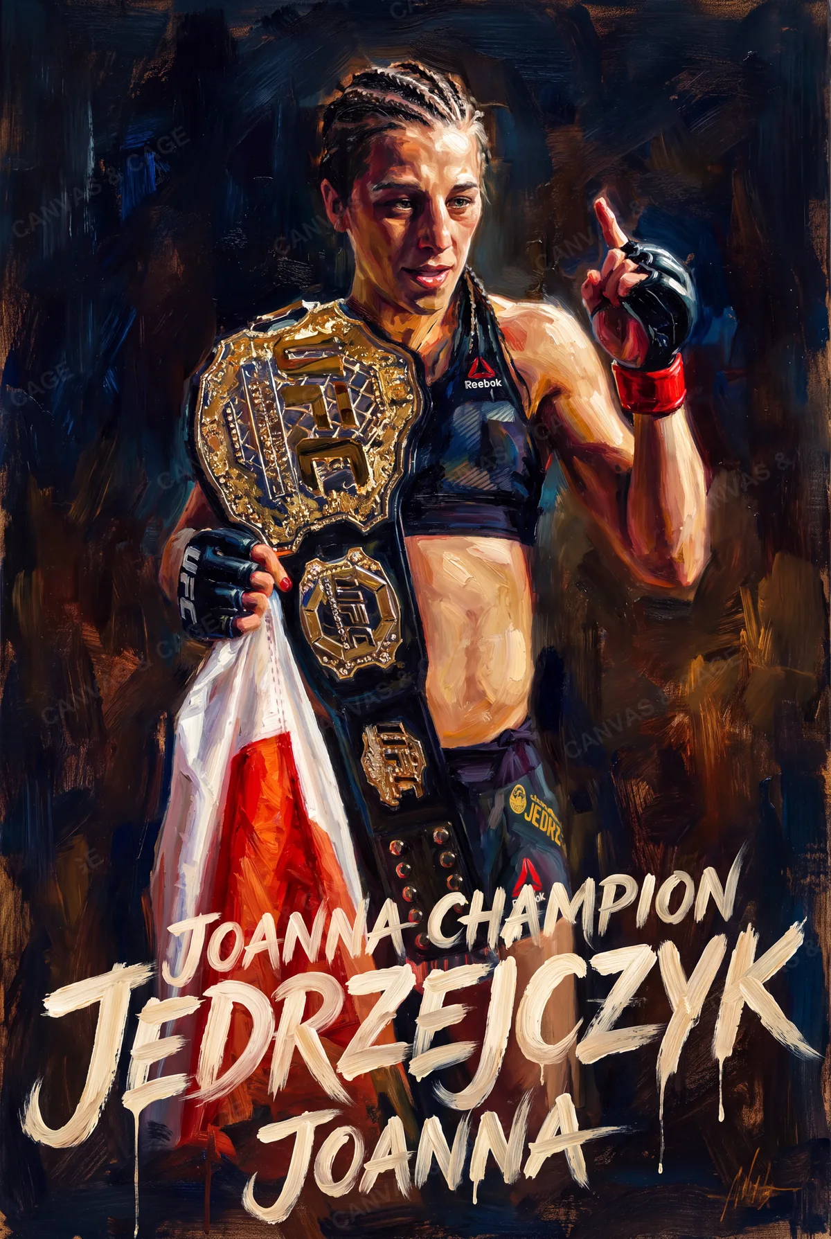 Joanna Jedrzejczyk — One glove up by her ear, the other hanging low